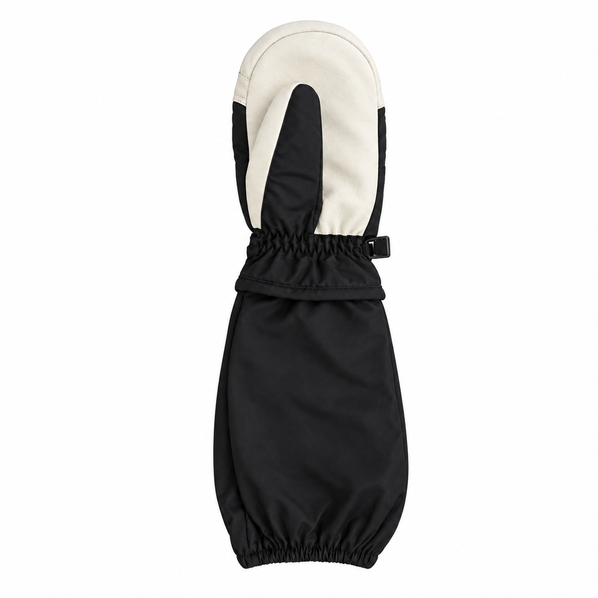 Black L-Bow North Star kids mitten with cream goat leather fingertip cap, adjustable wrist strap, and long over-the-elbow gauntlet