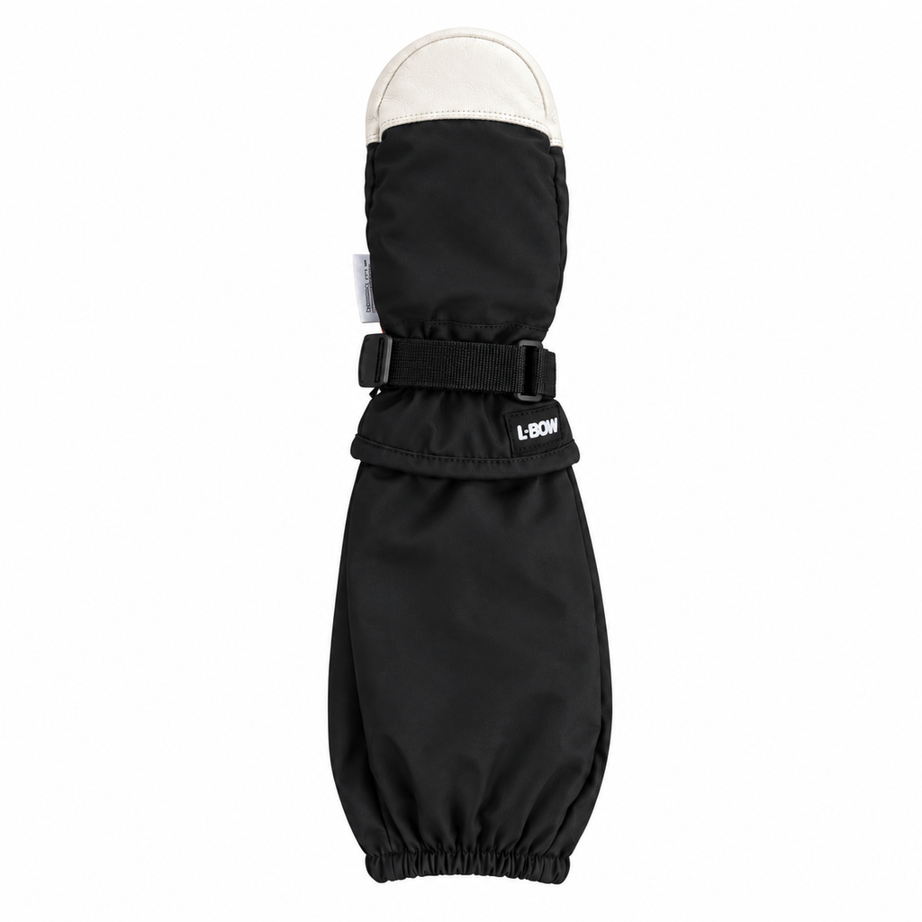 Top view of black L-Bow North Star kids winter mitten with goat leather fingertip cap