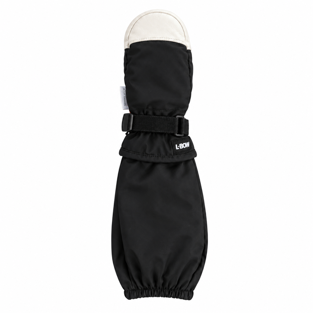 Top view of black L-Bow North Star kids winter mitten with goat leather fingertip cap