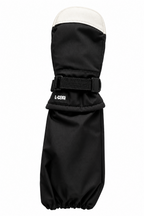 Pair of black L-Bow North Star kids mittens with cream goat leather and over-the-elbow gauntlets