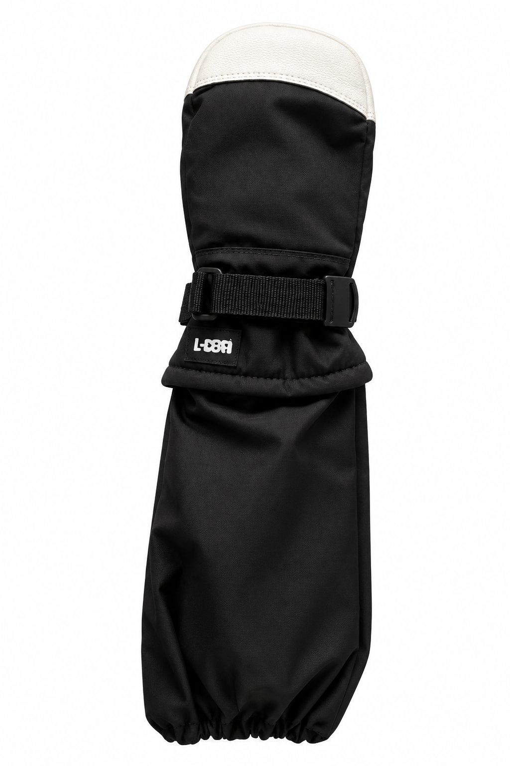 Pair of black L-Bow North Star kids mittens with cream goat leather and over-the-elbow gauntlets