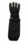 Black L-Bow North Star kids glove with cream goat leather fingertips, adjustable wrist strap, and long over-the-elbow gauntlet