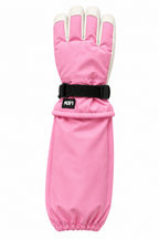Pink L-Bow North Star kids glove with cream goat leather fingertips, adjustable wrist strap, and long over-the-elbow gauntlet