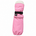 Pink L-Bow North Star kids mitten with cream goat leather fingertip cap, adjustable wrist strap, and long over-the-elbow gauntlet