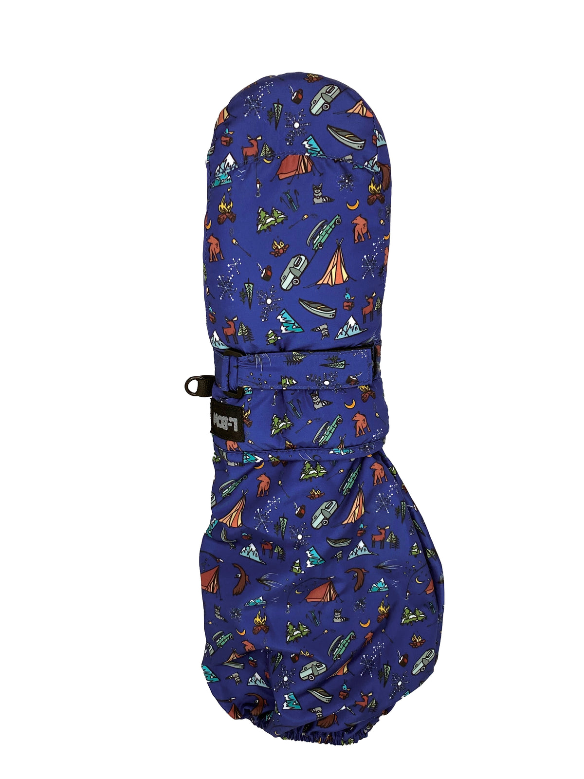 Carly Jo Winter Camp Scene kids mitten in navy, all-over camp print