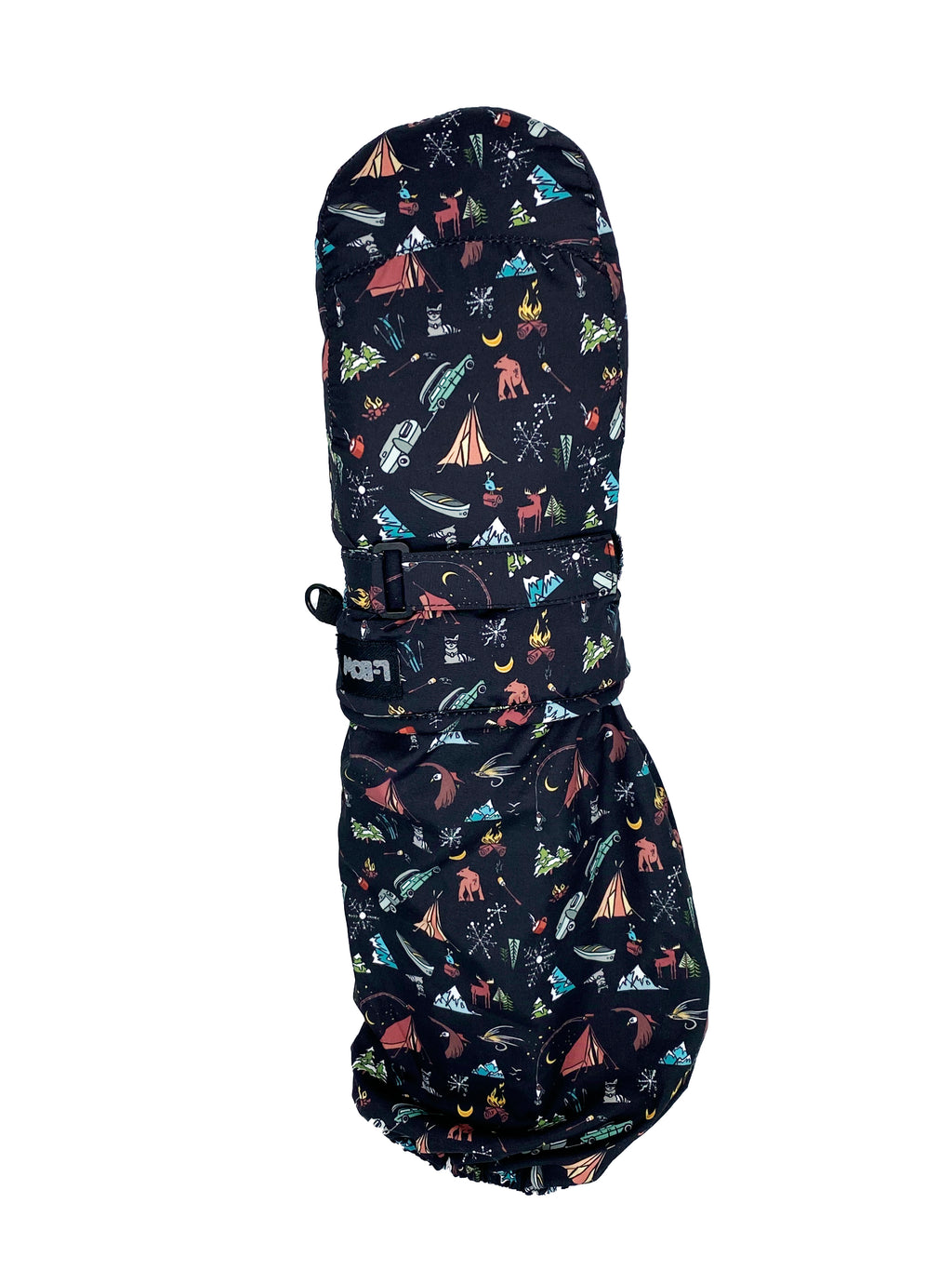 Carly Jo Winter Camp Scene kids mitten in black, all-over camp print