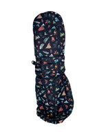 Carly Jo Winter Camp Scene kids mitten in black, all-over camp print