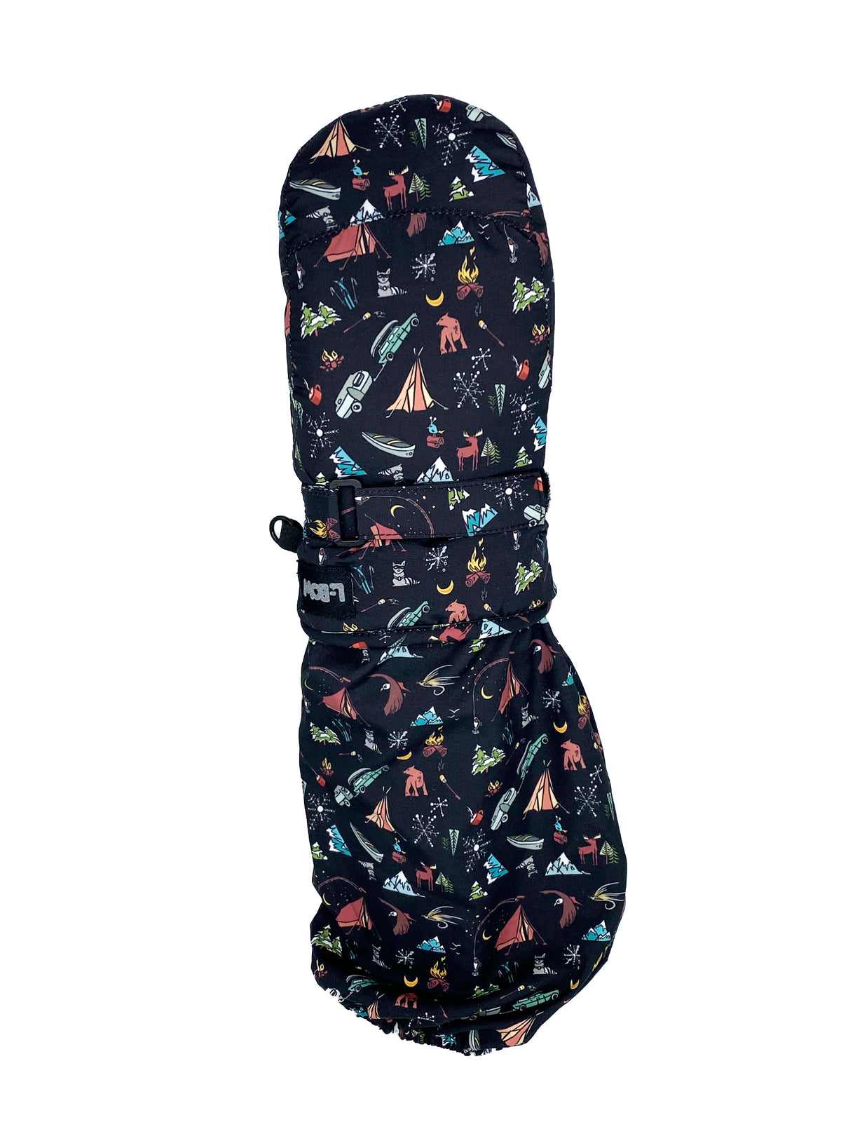 Carly Jo Winter Camp Scene kids mitten in black, all-over camp print