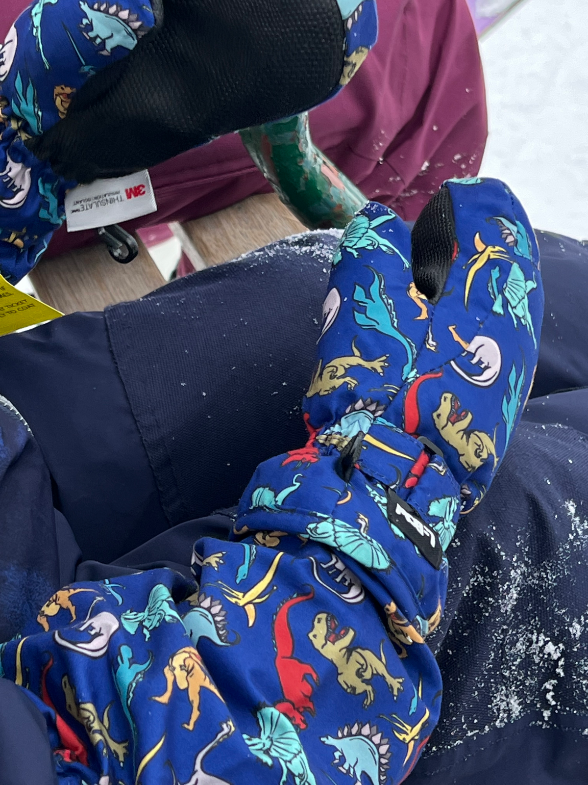 L-Bow Carly Jo Dinos Mitten dinosaur print kids winter mitten blue grey green