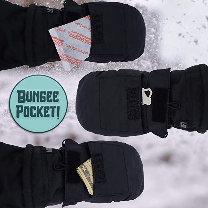 Back-of-hand pocket on the L-Bow Bungee Pocket Mitten, sized for treasures or a hand warmer