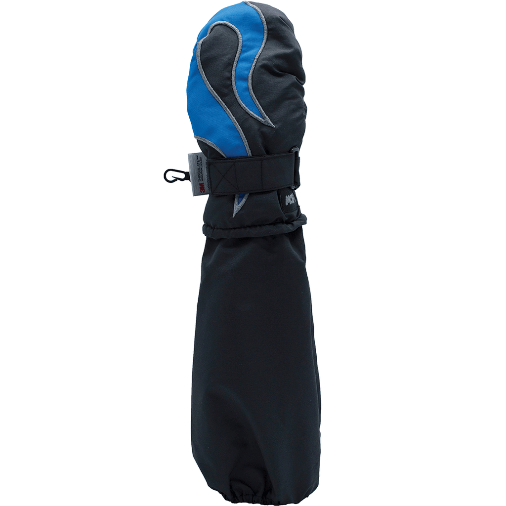 L-Bow Flame Mitten kids winter mitten gauntlet over coat sleeve blue grey black