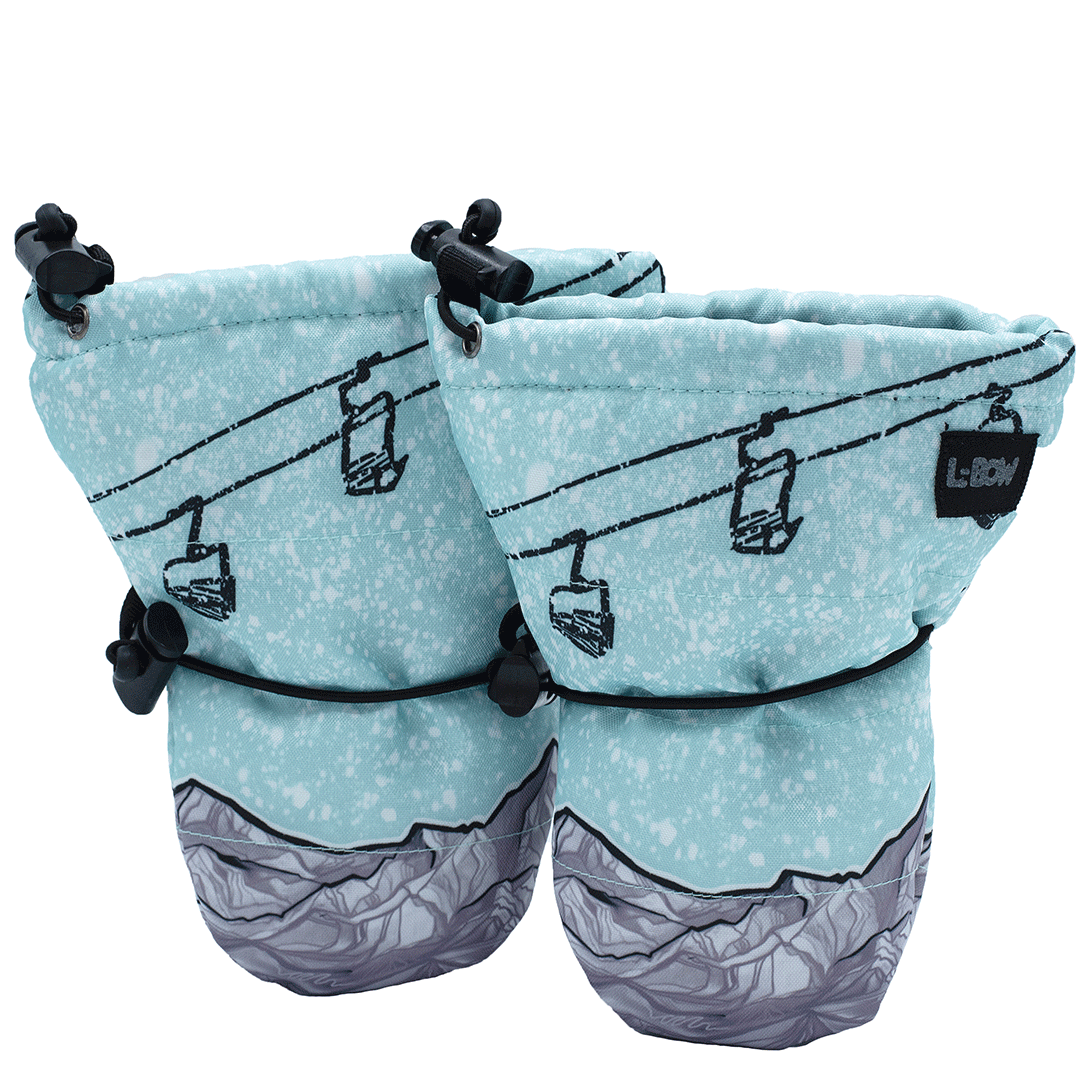 Carly Jo Lift Ops print baby mittens, thumbless with two cinch points