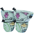 Carly Jo monster print baby mittens in green, thumbless with two cinch points