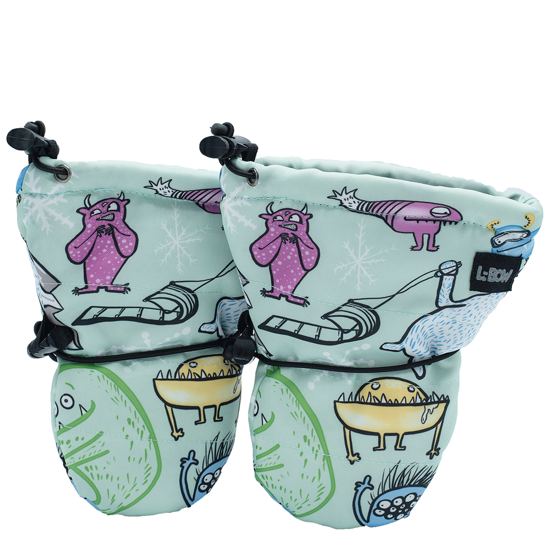 Carly Jo monster print baby mittens in green, thumbless with two cinch points