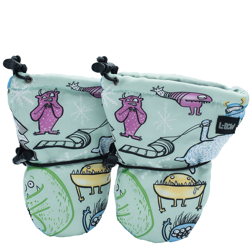 Carly Jo monster print baby mittens in green, thumbless with two cinch points