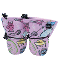 Carly Jo monster print baby mittens in pink, thumbless with two cinch points