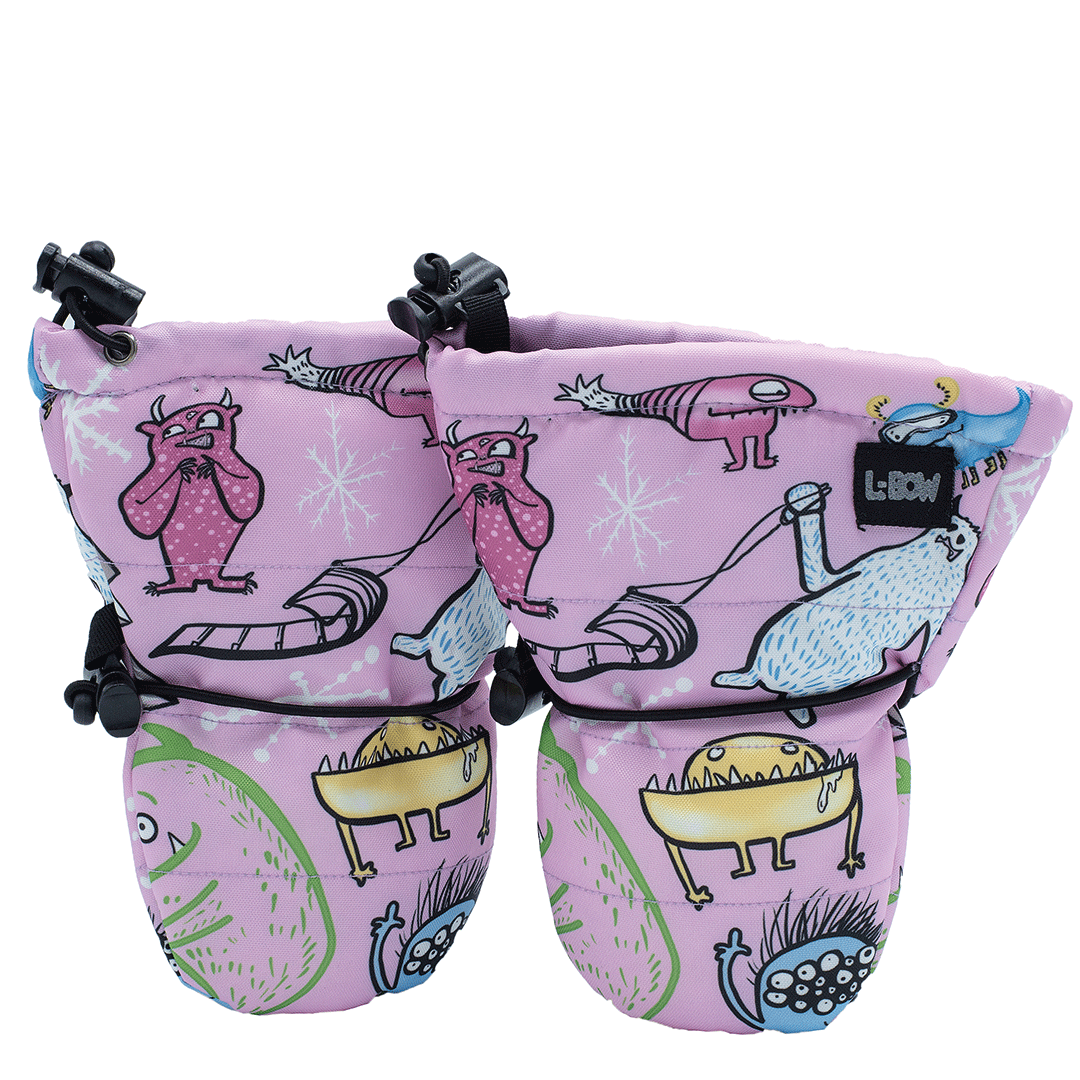 Carly Jo monster print baby mittens in pink, thumbless with two cinch points