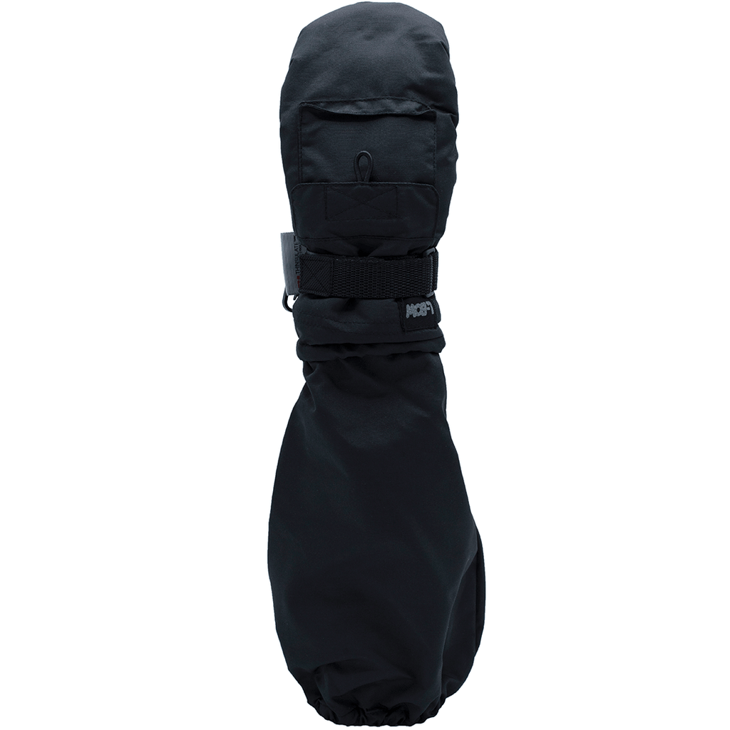L-Bow Bungee Pocket Mitten in black, kids winter mitten with a back-of-hand pocket