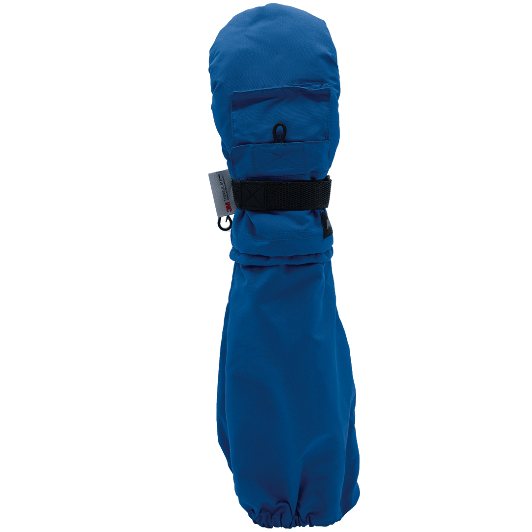 L-Bow Bungee Pocket Mitten in blue, kids winter mitten with a back-of-hand pocket