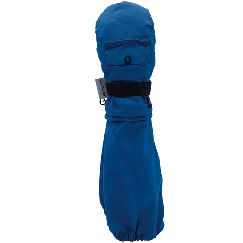 L-Bow Bungee Pocket Mitten in blue, kids winter mitten with a back-of-hand pocket