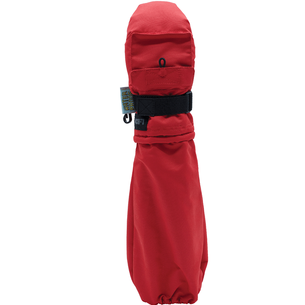 L-Bow Bungee Pocket Mitten in red, kids winter mitten with a back-of-hand pocket